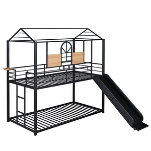 English Elm Twin Over Steel Bunk Bed Playhouse Frame with Slide and Built in Side Shelf MF291674AAB
