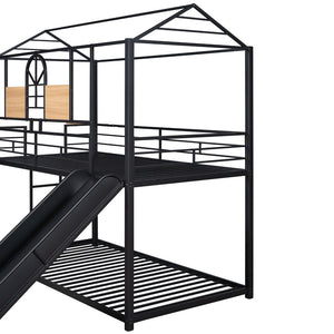 English Elm Twin Over Steel Bunk Bed Playhouse Frame with Slide and Built in Side Shelf MF291674AAB