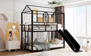 English Elm Twin Over Steel Bunk Bed Playhouse Frame with Slide and Built in Side Shelf MF291674AAB