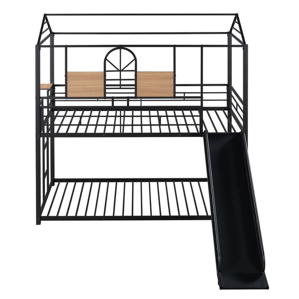 English Elm Twin Over Steel Bunk Bed Playhouse Frame with Slide and Built in Side Shelf MF291674AAB