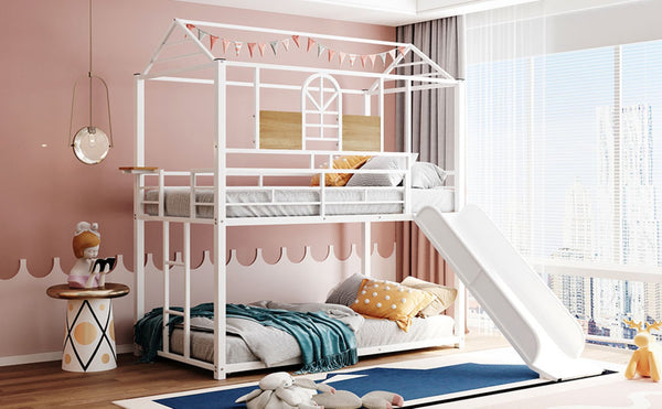 English Elm Twin Over Steel Bunk Bed with Slide Playhouse Design for Kids Bedroom LT000095AAK-1