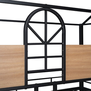 English Elm Twin Over Steel Bunk Bed Playhouse Frame with Slide and Built in Side Shelf MF291674AAB