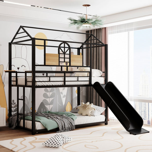 English Elm Twin Over Steel Bunk Bed Playhouse Frame with Slide and Built in Side Shelf MF291674AAB