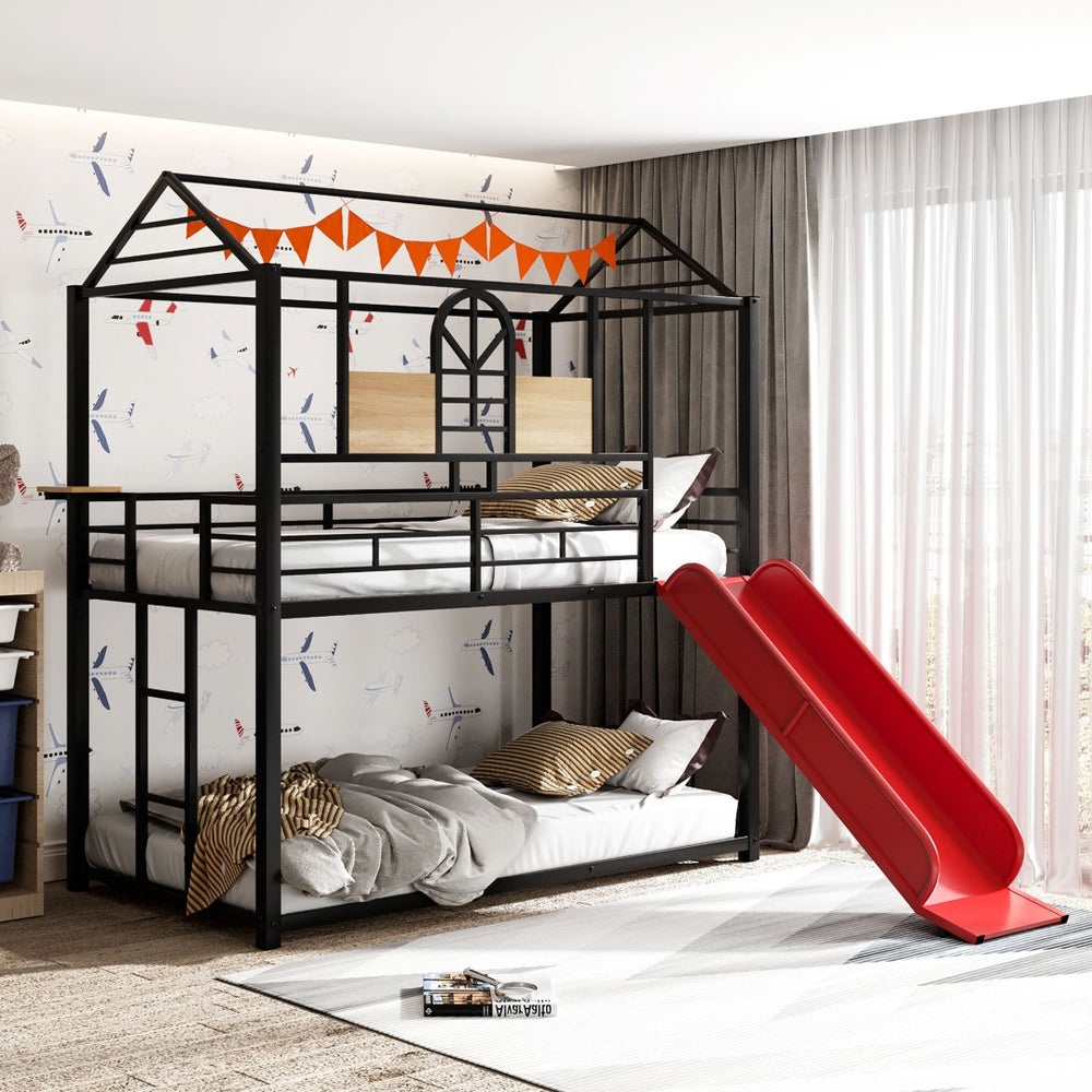 English Elm Twin Over Steel Bunk Bed Playhouse Frame with Slide and Built in Side Shelf MF291674AAJ