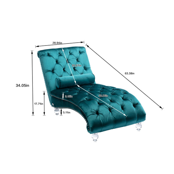 English Elm Velvet Curved Chaise Lounge Sofa with Button-Tufted Back, Thick Foam Comfort and Acrylic Legs for Living Room Relaxation Teal W39538678