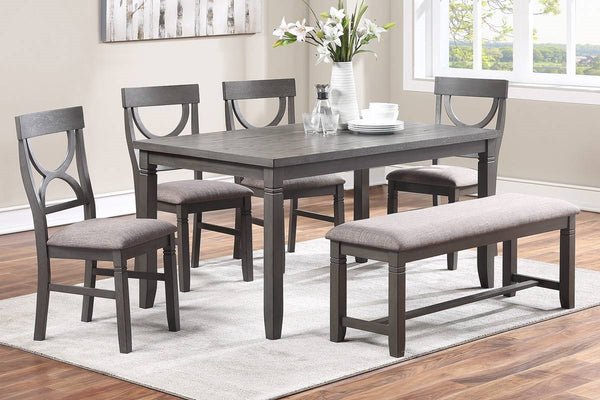 English Elm Dining 6pc Modern Rustic Dining Set with Bench & 4 Upholstered Chairs, Grey MDF Rubberwood Finish HS00F2563-ID-AHD