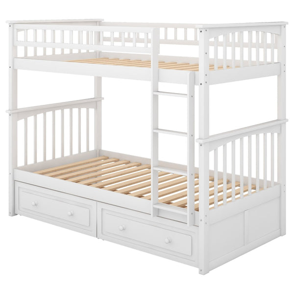 English Elm Twin Over Solid Pine Bunk Bed with Rolling Drawers and Convertible Platform White GX000240AAK