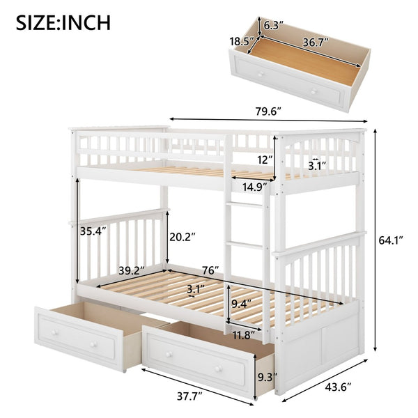 English Elm Twin Over Solid Pine Bunk Bed with Rolling Drawers and Convertible Platform White GX000240AAK