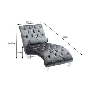 English Elm Velvet Curved Chaise Lounge Sofa with Button-Tufted Back, Thick Foam Cushion & Acrylic Legs for Living Room Comfort Silver W39538683