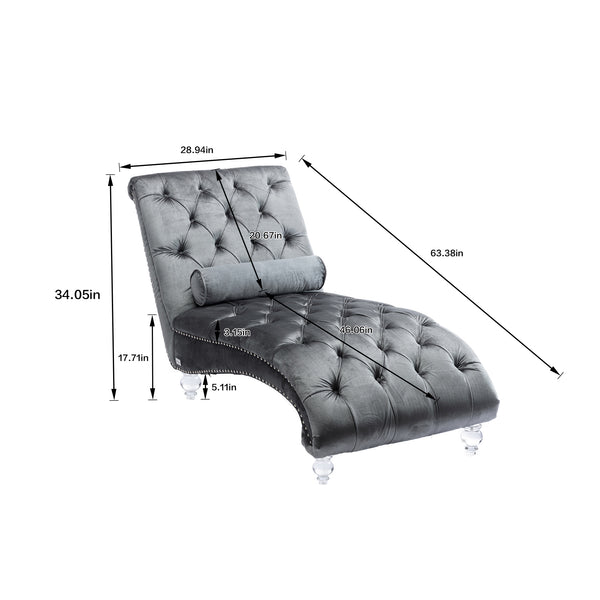 English Elm Velvet Curved Chaise Lounge Sofa with Button-Tufted Back, Thick Foam Cushion & Acrylic Legs for Living Room Comfort Silver W39538683