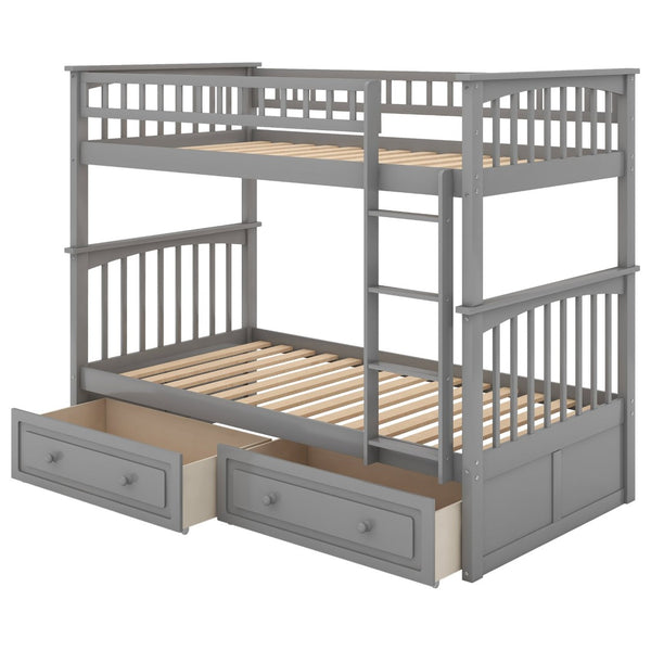 English Elm Twin Over Solid Pine Bunk Bed with Rolling Drawers and Convertible Platform Gray GX000240AAE