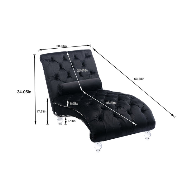 English Elm Velvet Curved Chaise Lounge Sofa with Button-Tufted Back, Thick Foam Cushion & Acrylic Legs for Living Room Comfort Black W39538681