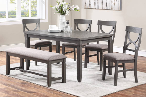 English Elm Dining 6pc Modern Rustic Dining Set with Bench & 4 Upholstered Chairs, Grey MDF Rubberwood Finish HS00F2563-ID-AHD