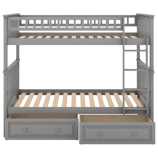 English Elm Twin Over Solid Pine Bunk Bed with Rolling Drawers and Convertible Platform Gray GX000240AAE