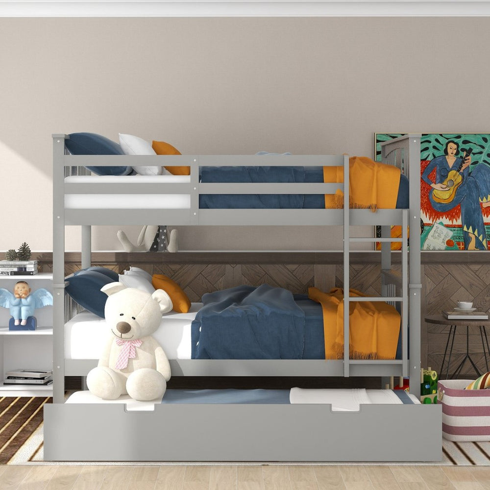 English Elm Full Over Bunk Bed with Twin Trundle Solid Pine Frame Gray Convertible LT100204AAE