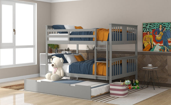 English Elm Full Over Bunk Bed with Twin Trundle Solid Pine Frame Gray Convertible LT100204AAE