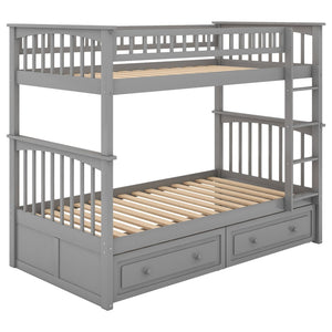 English Elm Twin Over Solid Pine Bunk Bed with Rolling Drawers and Convertible Platform Gray GX000240AAE