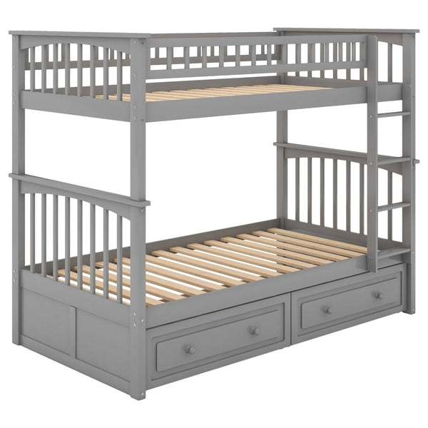 English Elm Twin Over Solid Pine Bunk Bed with Rolling Drawers and Convertible Platform Gray GX000240AAE