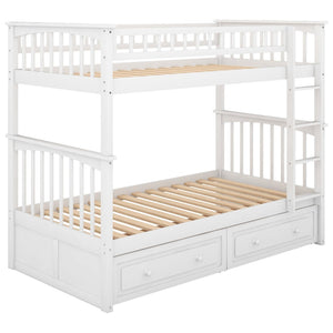 English Elm Twin Over Solid Pine Bunk Bed with Rolling Drawers and Convertible Platform White GX000240AAK