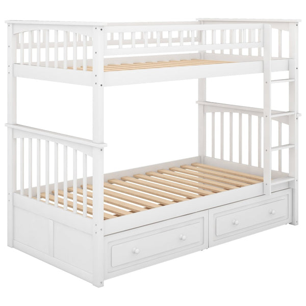 English Elm Twin Over Solid Pine Bunk Bed with Rolling Drawers and Convertible Platform White GX000240AAK