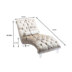English Elm Velvet Curved Chaise Lounge Sofa with Button-Tufted Back, Thick Foam Cushion & Acrylic Legs for Living Room Comfort Beige W39538682