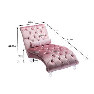 English Elm Velvet Curved Chaise Lounge Sofa with Button-Tufted Back, Thick Foam Comfort and Acrylic Legs for Living Room Relaxation Pink W39538676
