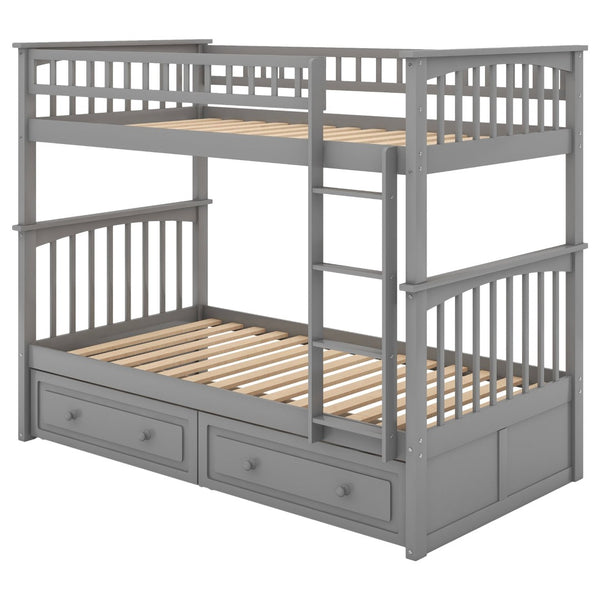 English Elm Twin Over Solid Pine Bunk Bed with Rolling Drawers and Convertible Platform Gray GX000240AAE