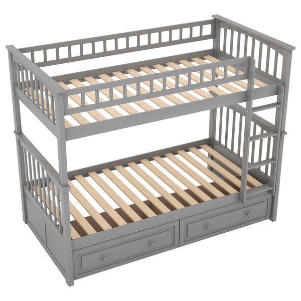 English Elm Twin Over Solid Pine Bunk Bed with Rolling Drawers and Convertible Platform Gray GX000240AAE