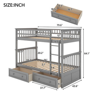 English Elm Twin Over Solid Pine Bunk Bed with Rolling Drawers and Convertible Platform Gray GX000240AAE