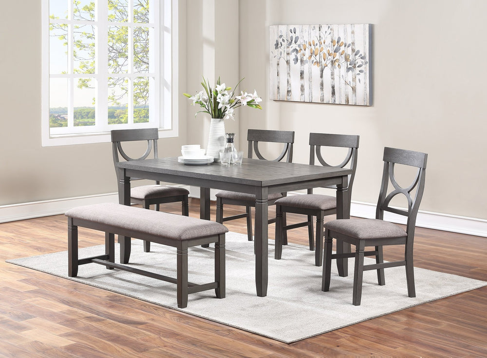 English Elm Dining 6pc Modern Rustic Dining Set with Bench & 4 Upholstered Chairs, Grey MDF Rubberwood Finish HS00F2563-ID-AHD