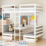 Hearth and Haven Twin Size Loft Bed with 4-Step Ladder, Desk and Cushion Set, White and Grey SM000099AAK-1