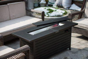 English Elm 57in Aluminum Outdoor Propane Fire Pit Table 50,000 BTU Rectangular Fireplace with Lid & Glass Dark Brown HYMY-CDFP-S-CB-M