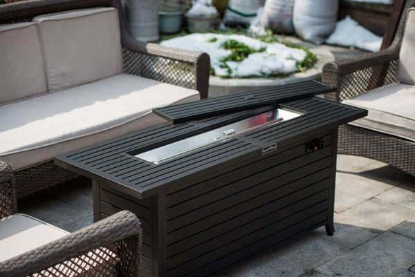 English Elm 57in Aluminum Outdoor Propane Fire Pit Table 50,000 BTU Rectangular Fireplace with Lid & Glass Dark Brown HYMY-CDFP-S-CB-M