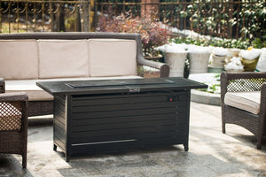 English Elm 57in Aluminum Outdoor Propane Fire Pit Table 50,000 BTU Rectangular Fireplace with Lid & Glass Black HYMY-CDFP-S-CB