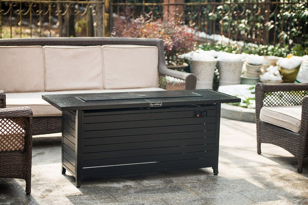 English Elm 57in Aluminum Outdoor Propane Fire Pit Table 50,000 BTU Rectangular Fireplace with Lid & Glass Black HYMY-CDFP-S-CB
