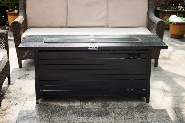 English Elm 57in Aluminum Outdoor Propane Fire Pit Table 50,000 BTU Rectangular Fireplace with Lid & Glass Black HYMY-CDFP-S-CB