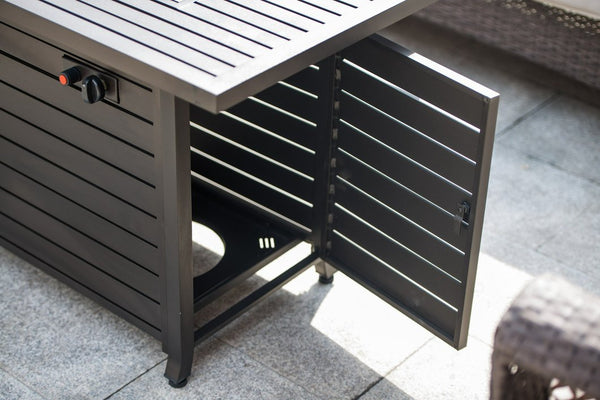 English Elm 57in Aluminum Outdoor Propane Fire Pit Table 50,000 BTU Rectangular Fireplace with Lid & Glass Dark Brown HYMY-CDFP-S-CB-M