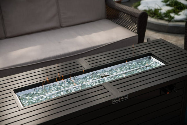 English Elm 57in Aluminum Outdoor Propane Fire Pit Table 50,000 BTU Rectangular Fireplace with Lid & Glass Dark Brown HYMY-CDFP-S-CB-M
