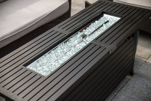 English Elm 57in Aluminum Outdoor Propane Fire Pit Table 50,000 BTU Rectangular Fireplace with Lid & Glass Dark Brown HYMY-CDFP-S-CB-M
