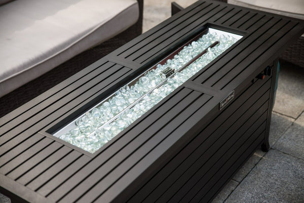 English Elm 57in Aluminum Outdoor Propane Fire Pit Table 50,000 BTU Rectangular Fireplace with Lid & Glass Dark Brown HYMY-CDFP-S-CB-M