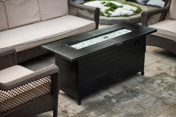 English Elm 57in Aluminum Outdoor Propane Fire Pit Table 50,000 BTU Rectangular Fireplace with Lid & Glass Black HYMY-CDFP-S-CB