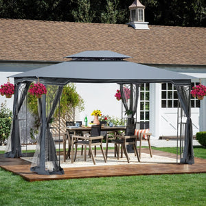 English Elm 13x10 Outdoor Gazebo with Vented Dual Roof Mesh Panels Steel Frame Backyard Shelter W41934252