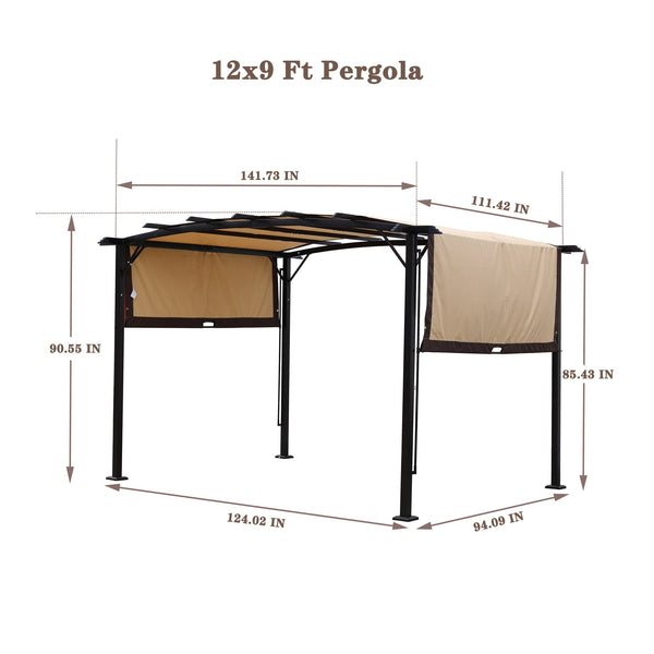 English Elm 12 Outdoor Pergola 12 x 9 Ft Retractable Steel Gazebo with Adjustable Canopy, Rust-Resistant Shade Shelter Beige+Brown W419S00041