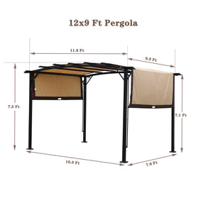 English Elm 12 Outdoor Pergola 12 x 9 Ft Retractable Steel Gazebo with Adjustable Canopy, Rust-Resistant Shade Shelter Beige+Brown W419S00041