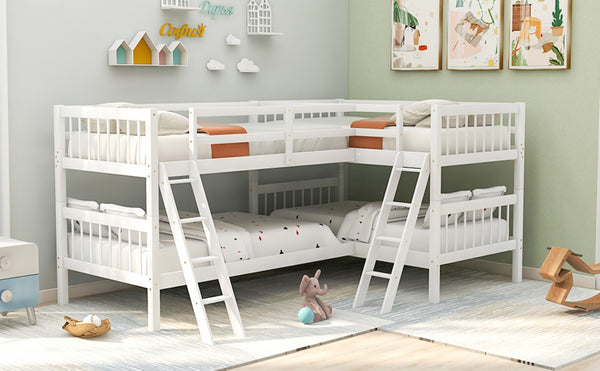 English Elm L-shaped Twin Bunk Bed Sleeps Four with Mission Style Pine Frame for Kids LT000020AAK