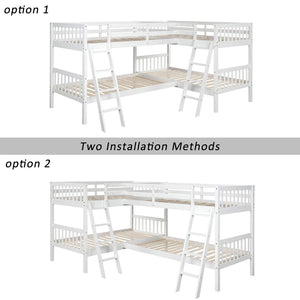 English Elm L-shaped Twin Bunk Bed Sleeps Four with Mission Style Pine Frame for Kids LT000020AAK