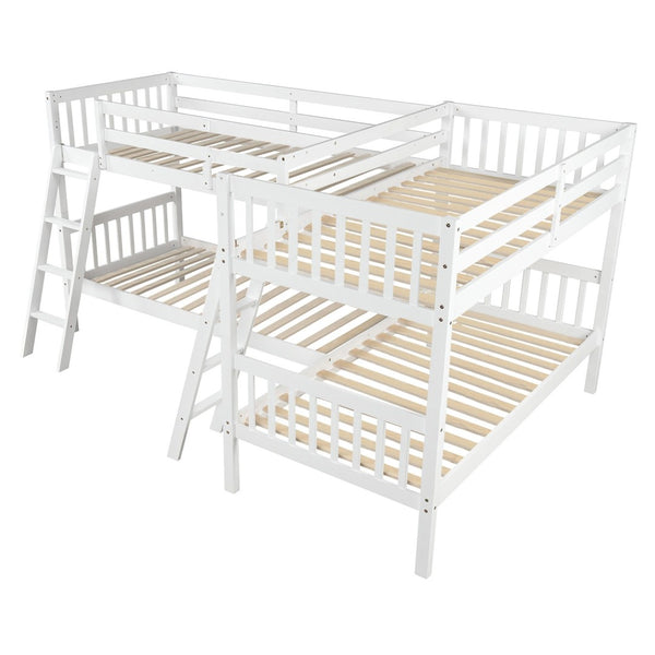 English Elm L-shaped Twin Bunk Bed Sleeps Four with Mission Style Pine Frame for Kids LT000020AAK
