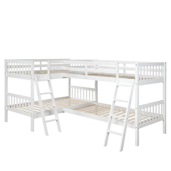English Elm L-shaped Twin Bunk Bed Sleeps Four with Mission Style Pine Frame for Kids LT000020AAK