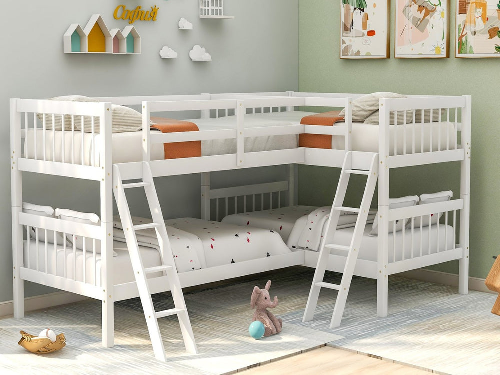 English Elm L-shaped Twin Bunk Bed Sleeps Four with Mission Style Pine Frame for Kids LT000020AAK