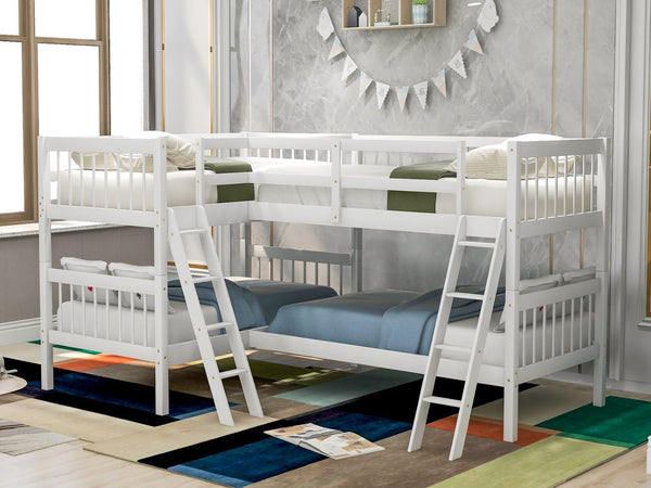 English Elm L-shaped Twin Bunk Bed Sleeps Four with Mission Style Pine Frame for Kids LT000020AAK